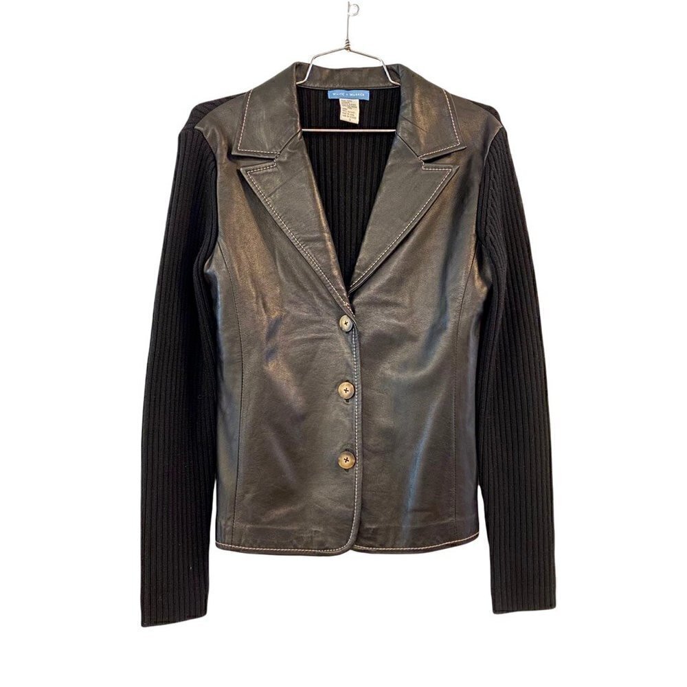 White + Warren Womens Knitted Blazer Jacket Black Lambskin Leather Button Small